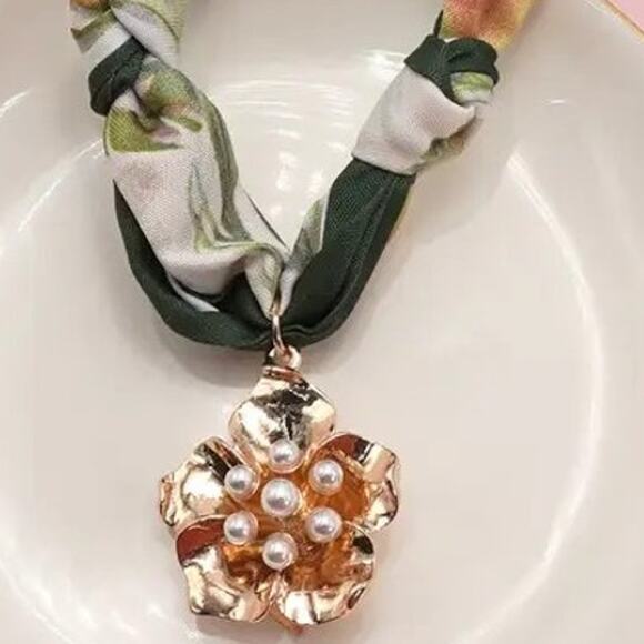 Tropical Green Knotted Scarf Layering Necklace with Flower Charm - Picture 2 of 6